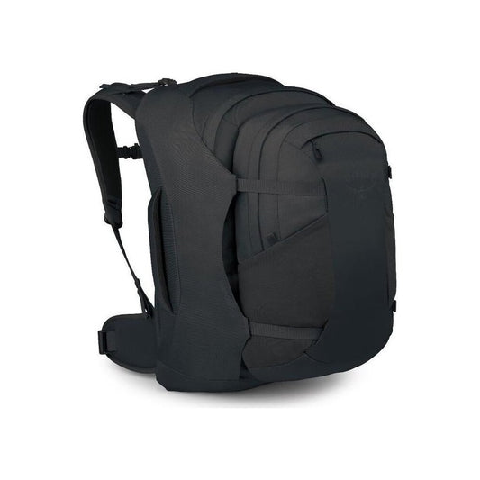 Side view of the Osprey Farpoint 55 in Black showing the padded shoulder straps against a white background.