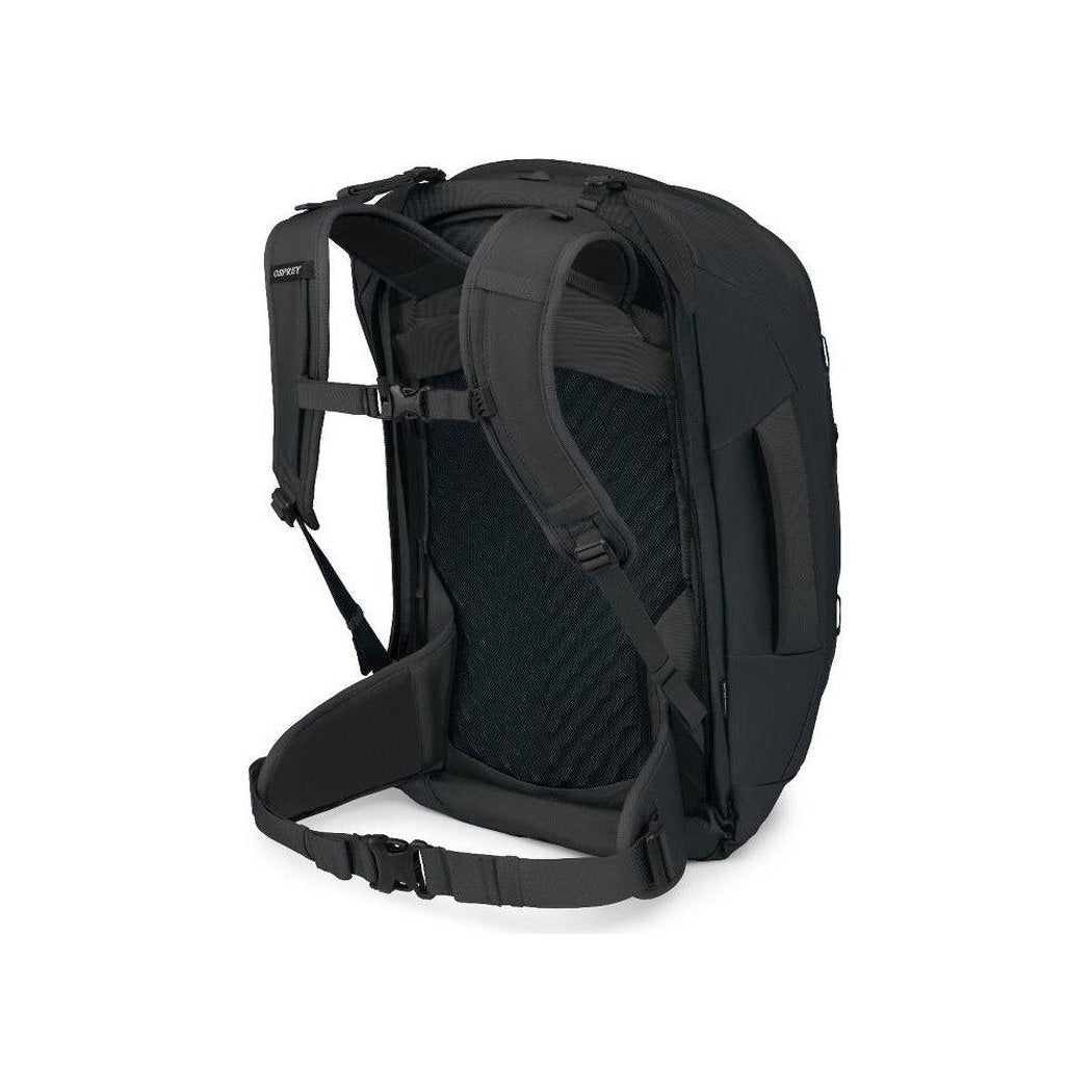Back view of the Osprey Farpoint 55 in Black showing padded shoulder straps and a white background.