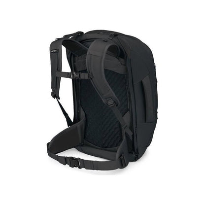 Back view of the Osprey Farpoint 55 in Black showing padded shoulder straps and a white background.