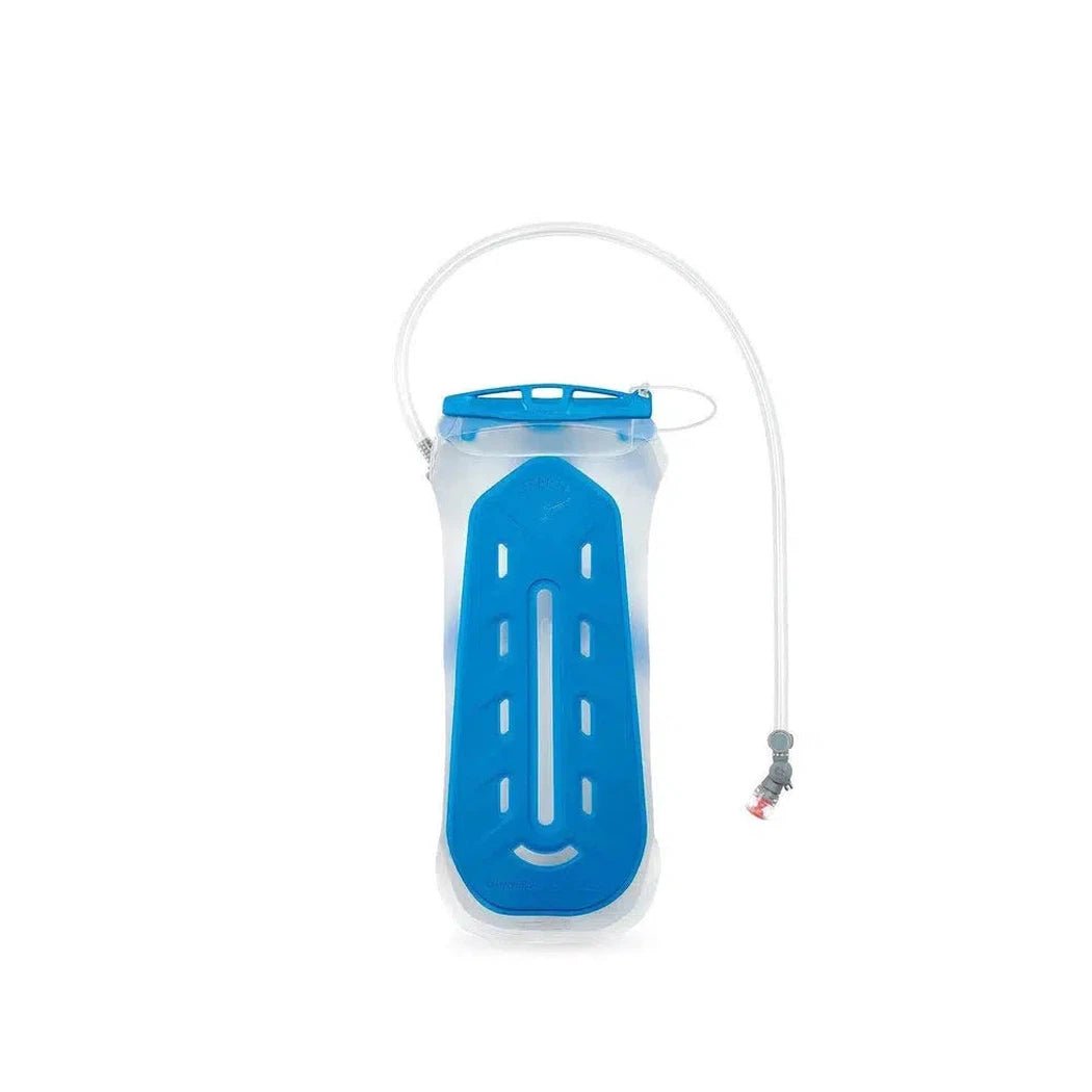 A front view of the Osprey Hydraulics 2L Reservoir v3 in Light Blue showing the bite valve and clear tube against a white background.