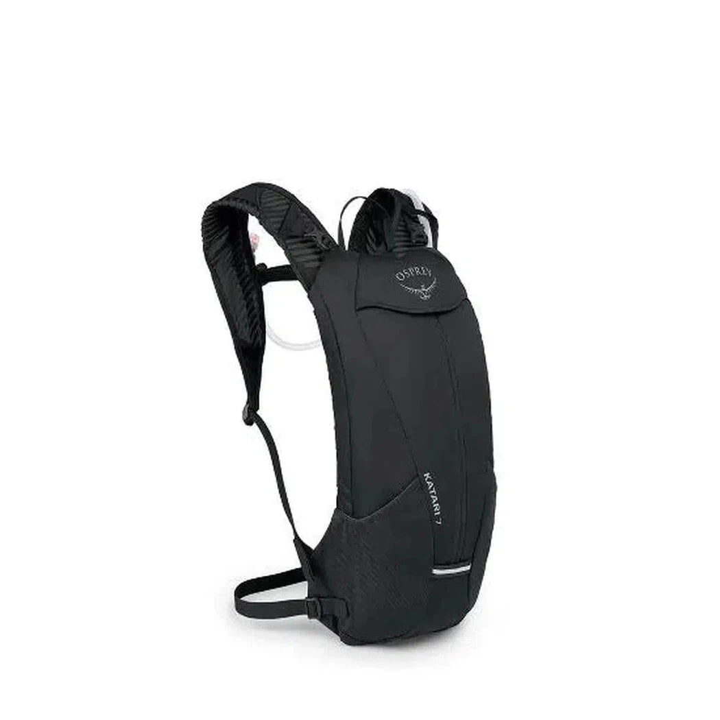 Side view of the black Osprey Katari 7 hydration pack against a white background.