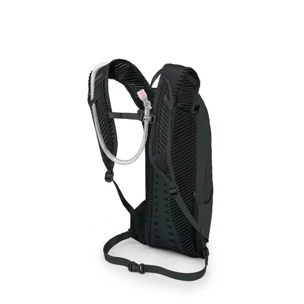 Side view of the Osprey Katari 7 hydration pack in Black with a white background.