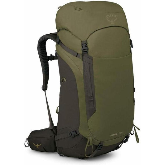 Side view of the Osprey Kestrel LT 65 backpack in Moss Green with a black lower section and visible straps against a white background.