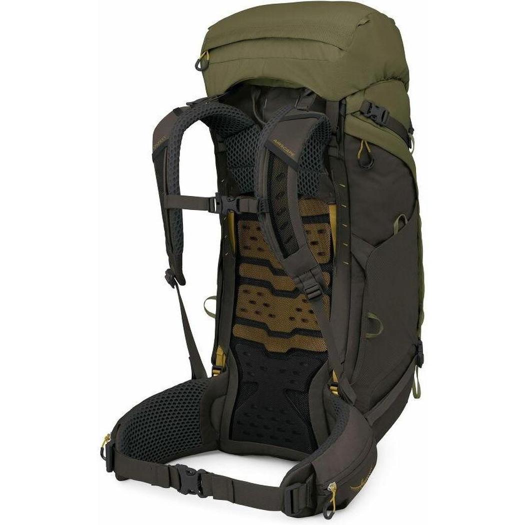 Side view of the Osprey Kestrel LT 65 backpack in Moss Green showing the padded back panel and hip belt against a white background.