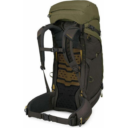 Side view of the Osprey Kestrel LT 65 backpack in Moss Green showing the padded back panel and hip belt against a white background.