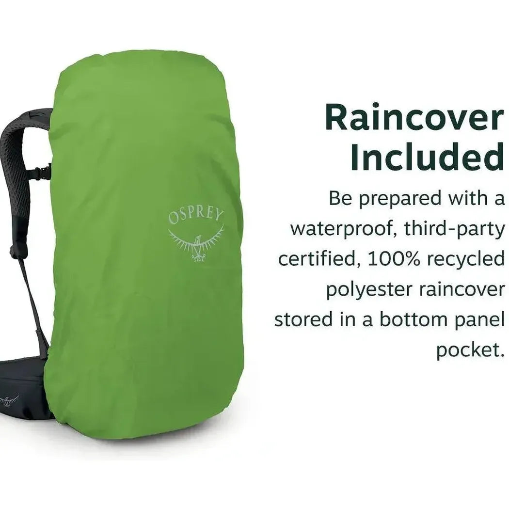 A front view of the Moss Green Osprey Kestrel LT 65 backpack with a Raincover Included label on the right.