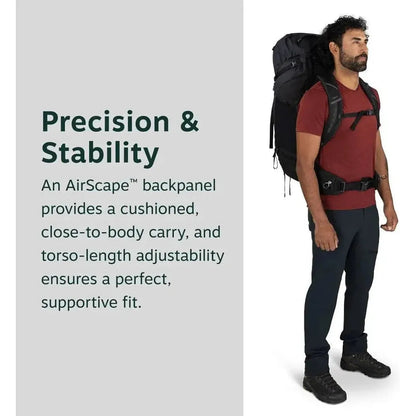A man wearing a Moss Green Osprey Kestrel LT 65 backpack stands against a white background.