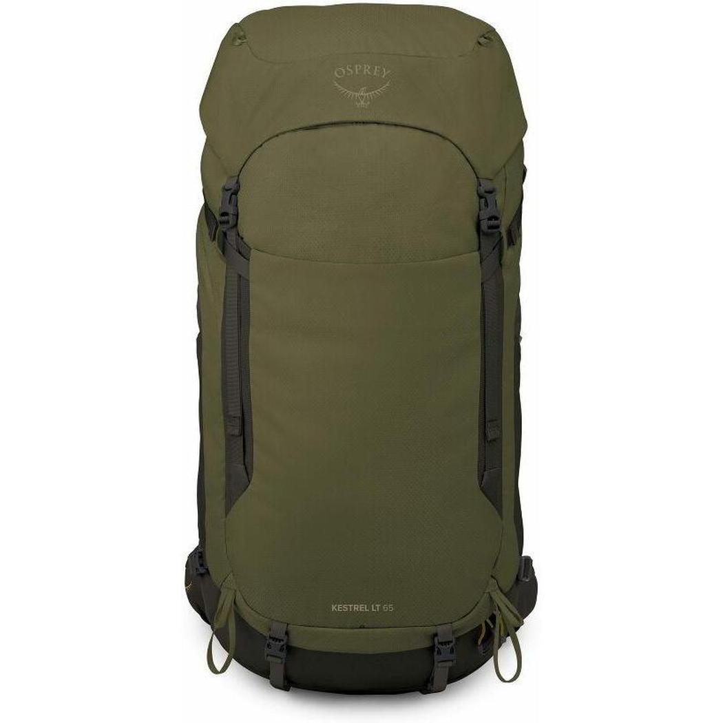 Back view of the Osprey Kestrel LT 65 backpack in Moss Green with side compression straps against a white background.