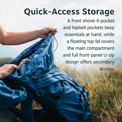 A person opens the front of the Moss Green Osprey Kestrel LT 65 backpack in a grassy outdoor setting.