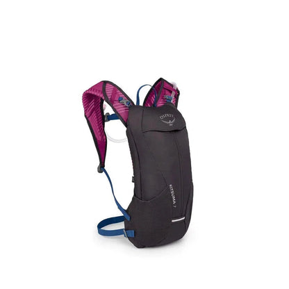 Side view of the Osprey Kitsuma 7 hydration pack in SpaceTravelGrey with pink shoulder straps against a white background.