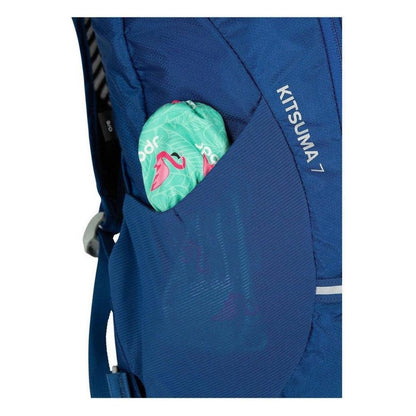 A close-up of the Osprey Kitsuma 7 in SpaceTravelGrey showing a pocket with a green flamingo item.