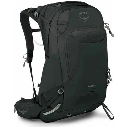 Side view of the Osprey Manta 24 Hiking Hydration Backpack in Dark Charcoal showing the front pocket and hydration tube against a white background.