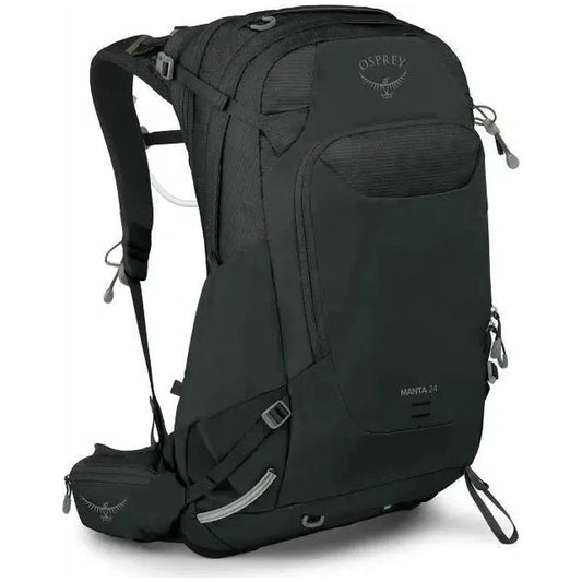 Side view of the Osprey Manta 24 Hiking Hydration Backpack in Dark Charcoal showing the front pocket and hydration tube against a white background.