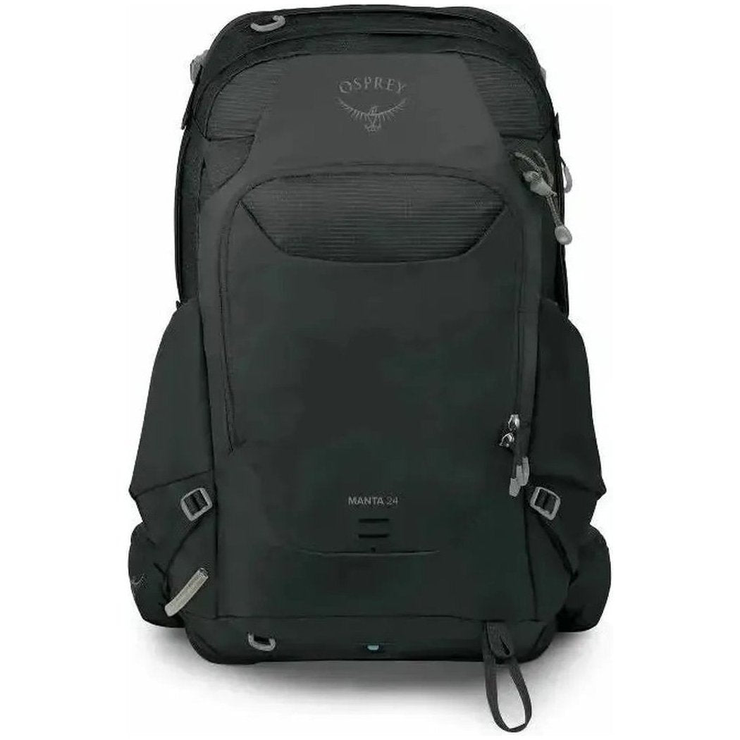 Back view of the Osprey Manta 24 Hiking Hydration Backpack in Dark Charcoal showing the front pocket and zippers against a white background.