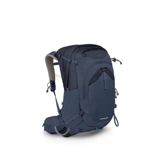 Side view of the Osprey Mira 32 in Anchor Blue showing the mesh shoulder straps and zippered front pocket against a white background.