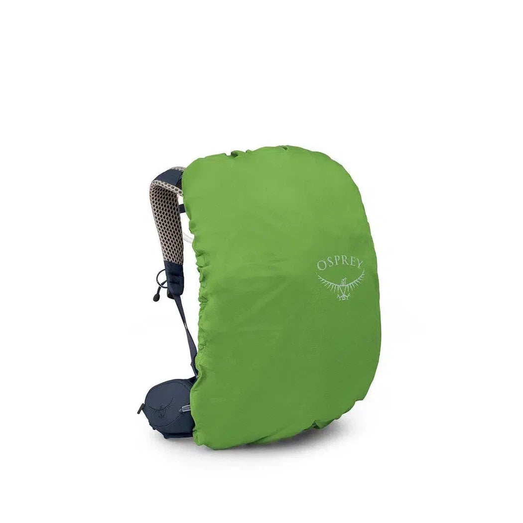 A front view of the Osprey Mira 32 backpack in Anchor Blue with a mesh shoulder strap visible against a white background.