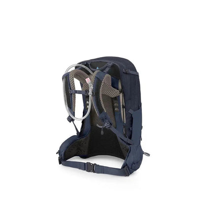 Back view of the Osprey Mira 32 in Anchor Blue showing the hydration tube and mesh back panel against a white background.