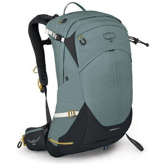 Side view of the Osprey Sirrus 24 in Medium Grey showing the padded shoulder straps and front pocket against a white background.
