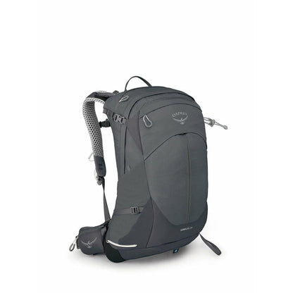 A front view of the Osprey Sirrus 24 daypack in Medium Grey with a mesh shoulder strap and a small front pocket, set against a white background.