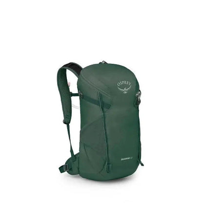 A front view of the Osprey Skarab 22 hydration pack in Tundra Green against a white background.