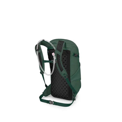 Side view of the Osprey Skarab 22 in Tundra Green showing the hydration tube and breathable back panel against a white background.