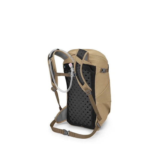 Side view of the Osprey Skimmer 20 in Coyote Brown showing the hydration tube and breathable back panel against a white background.