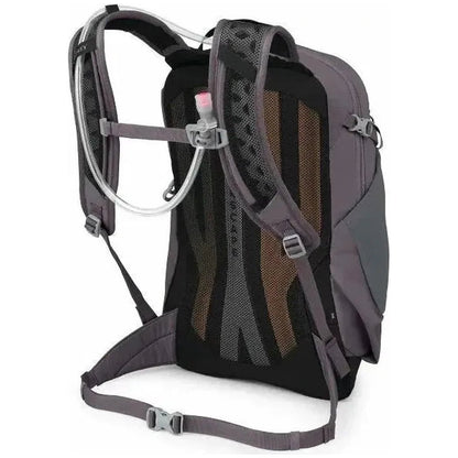Side view of the Osprey Sportlite 15 Hydraulics backpack in Graphite Purple showing the hydration tube and mesh back panel against a white background.