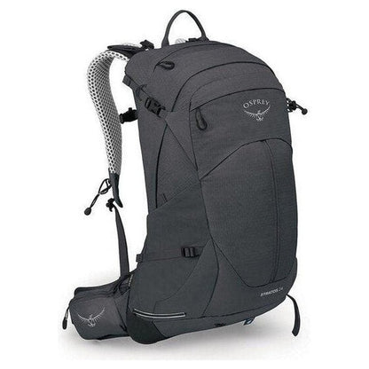 Side view of the Osprey Stratos 24 in Tunnel Vision Grey showing the breathable shoulder straps and white background.