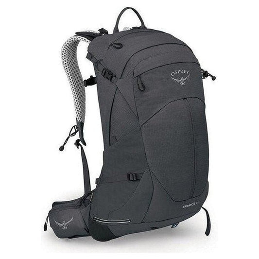 Side view of the Osprey Stratos 24 in Tunnel Vision Grey showing the breathable shoulder straps and white background.