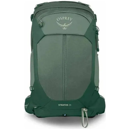 Back view of the Osprey Stratos 24 backpack in Pine Leaf with a front pocket and a carabiner clip visible.