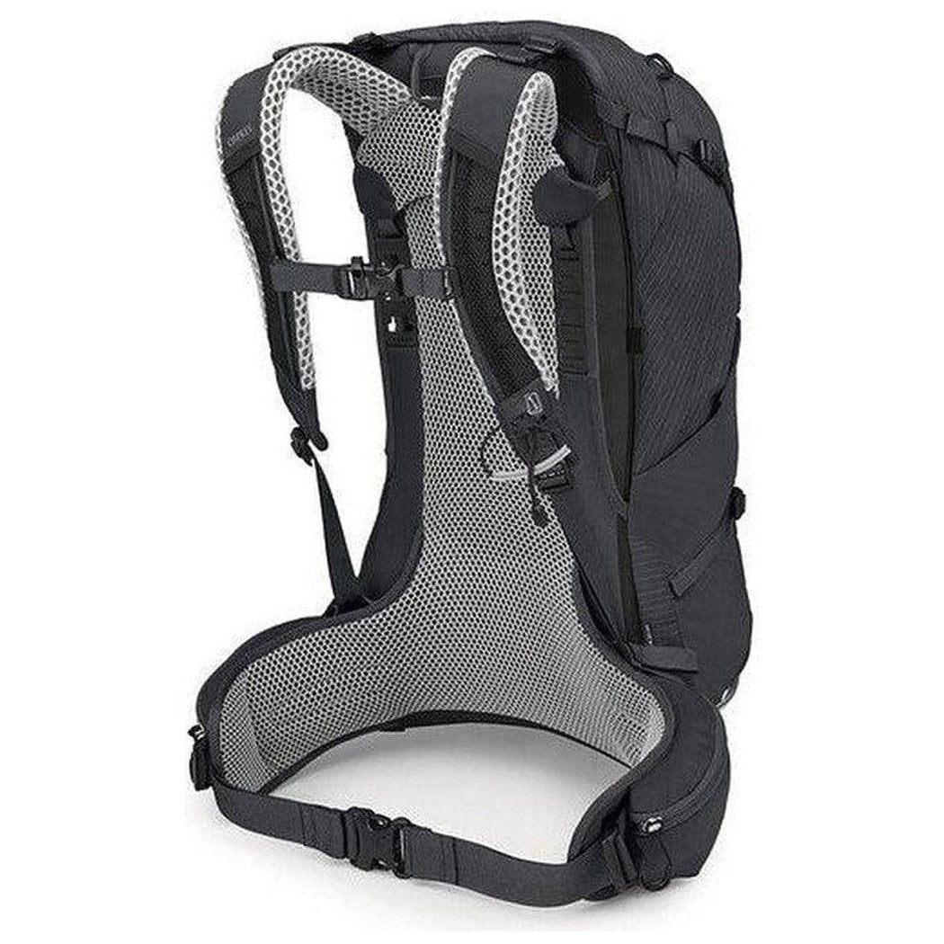 Back view of the Osprey Stratos 24 in Tunnel Vision Grey showing the breathable mesh back panel and hip belt against a white background.