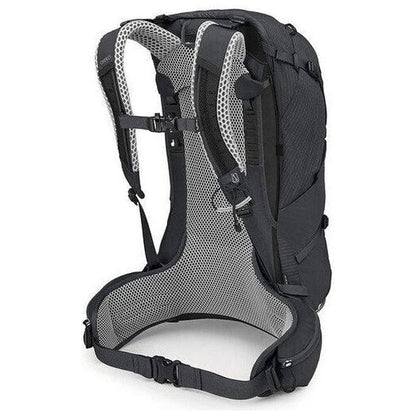 Back view of the Osprey Stratos 24 in Tunnel Vision Grey showing the breathable mesh back panel and hip belt against a white background.