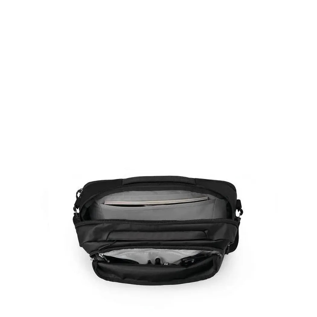 Back view of the Osprey Transporter Carryon Boarding Bag in Raven Black showing the open main compartment with a laptop sleeve against a white background.