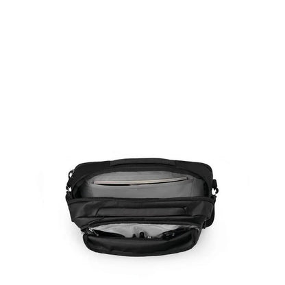 Back view of the Osprey Transporter Carryon Boarding Bag in Raven Black showing the open main compartment with a laptop sleeve against a white background.