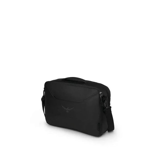 A front view of the Osprey Transporter Carryon Boarding Bag in Raven Black with a shoulder strap and zipper pocket against a white background.