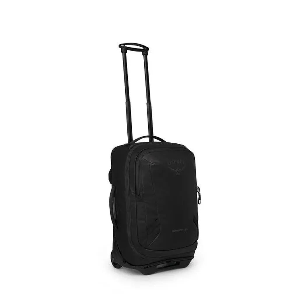 A front view of the Osprey Transporter Wheeled Carry On in Raven Black with extended telescoping handle and wheels visible against a white background.