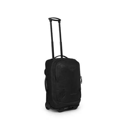 A front view of the Osprey Transporter Wheeled Carry On in Raven Black with extended telescoping handle and wheels visible against a white background.