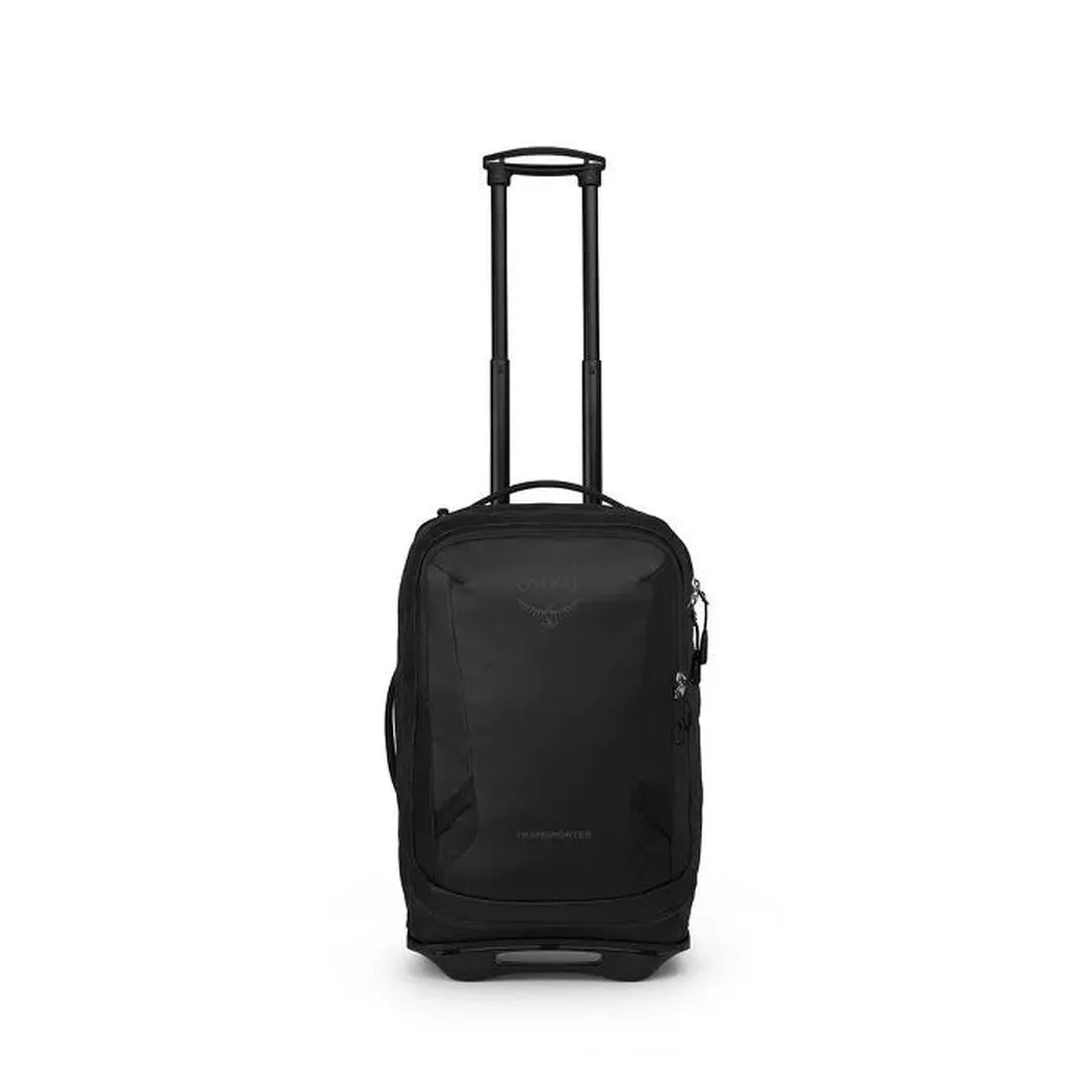 A front view of the Osprey Transporter Wheeled Carry On in Raven Black with a telescoping handle against a white background.
