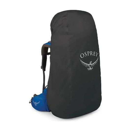 Side view of the Osprey UltraLight Raincover - Large in Black with a blue Osprey logo visible on the lower left.