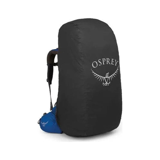 A front view of the Osprey UltraLight Raincover - Medium in Black with the Osprey logo visible on the raincover.