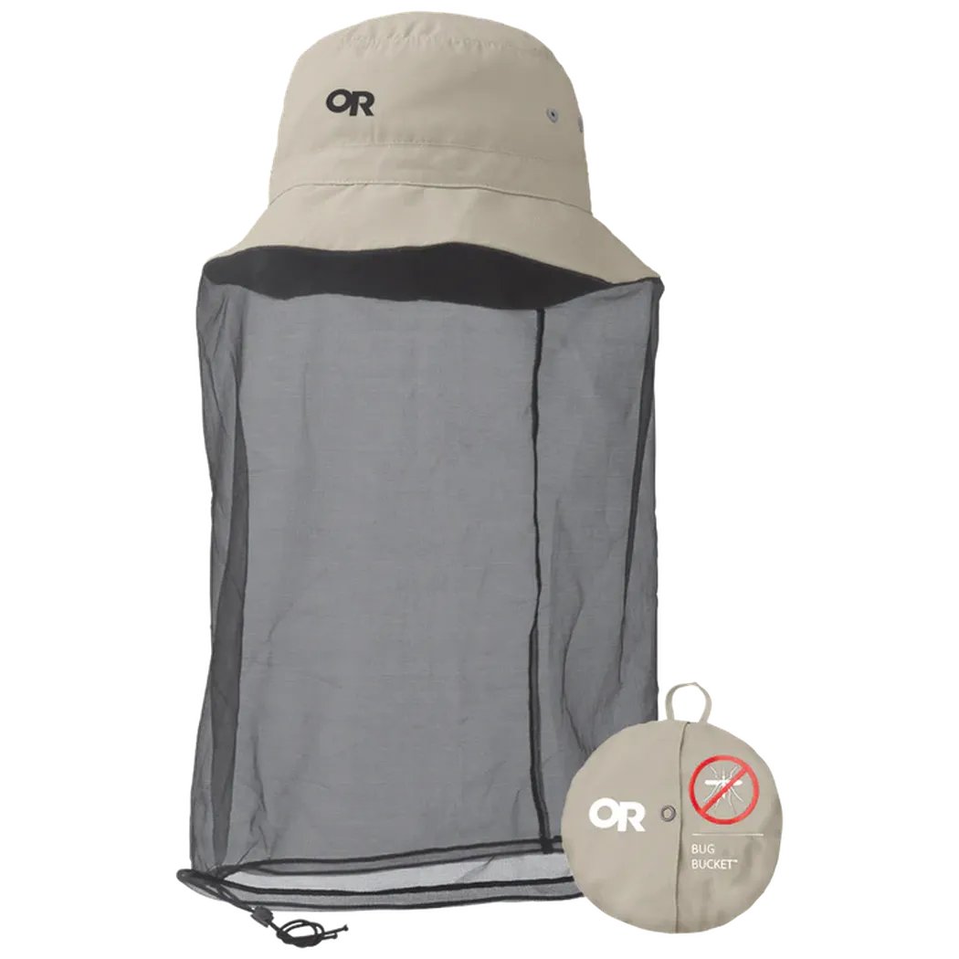 A front view of the Outdoor Research Bug Bucket hat in Khaki showing the mesh bug net and its compact storage pouch.