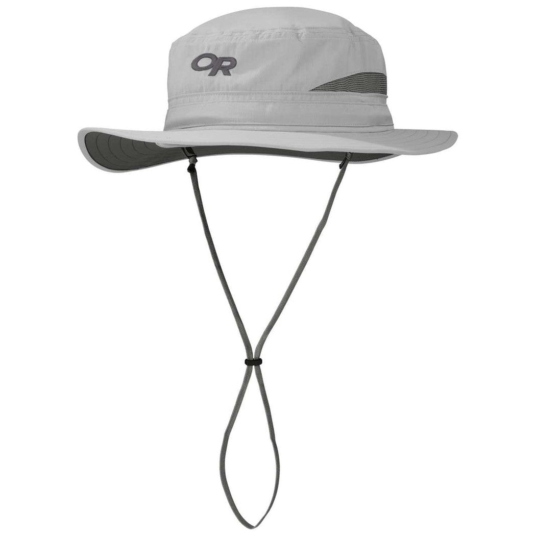 A front view of the Outdoor Research Bugout Brim Hat in Khaki with a chin cord and wide brim against a white background.