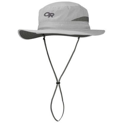 A front view of the Outdoor Research Bugout Brim Hat in Khaki with a chin cord and wide brim against a white background.