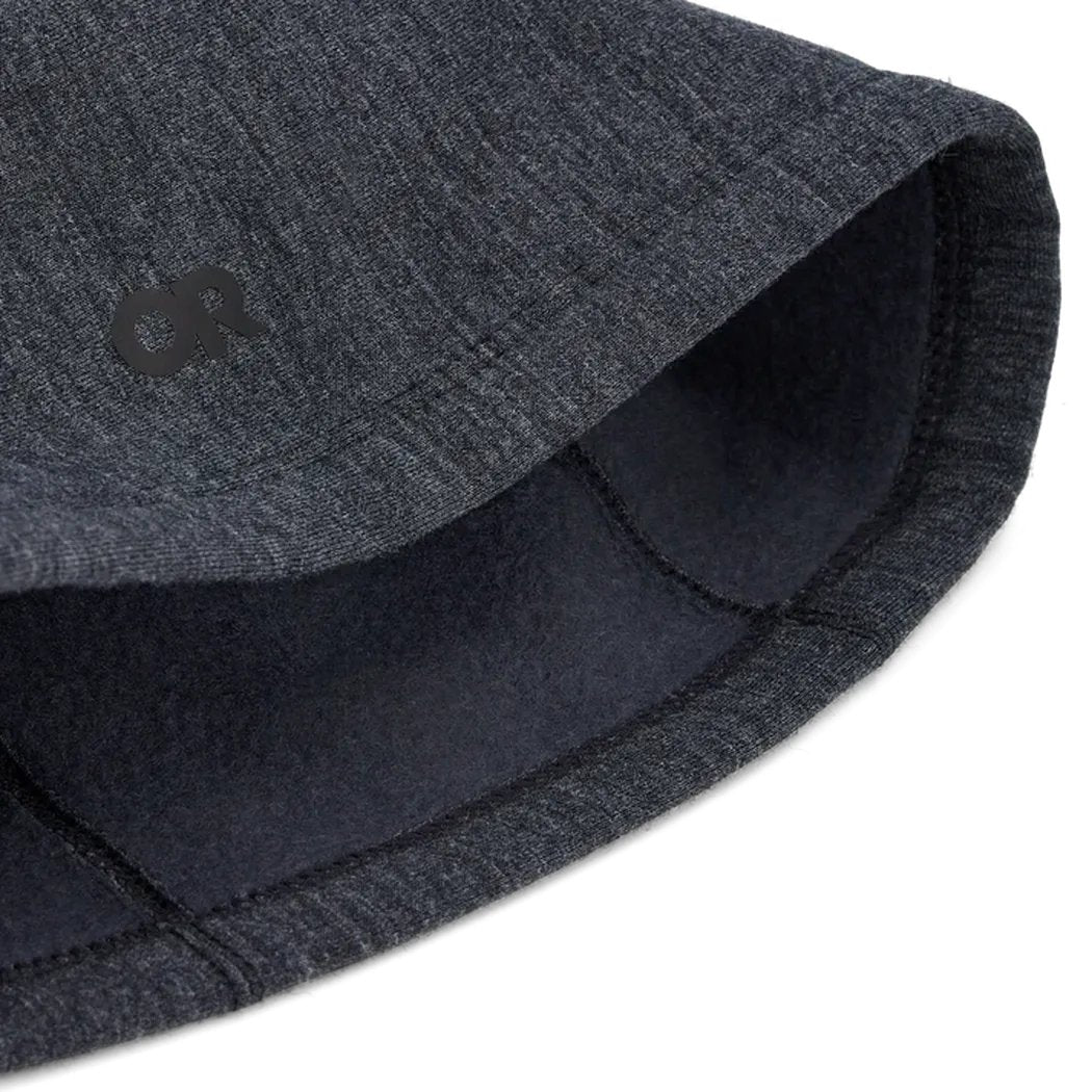 Close-up of the Outdoor Research Crescent Fleece Beanie in Bronze showing the logo and stitching details.