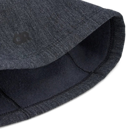 Close-up of the Outdoor Research Crescent Fleece Beanie in Bronze showing the logo and stitching details.