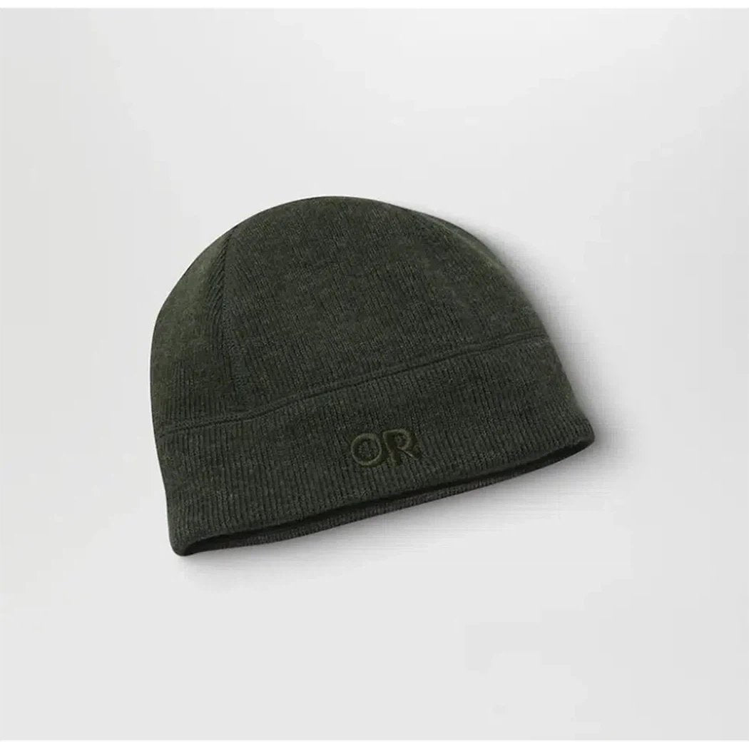 A front view of the Outdoor Research Flurry Beanie in Black with the OR logo on the front against a white background.