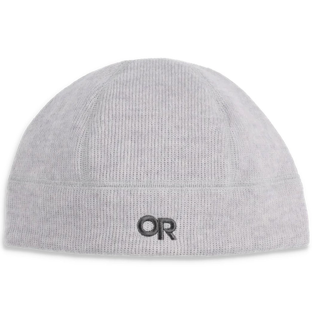 A front view of the Outdoor Research Flurry Beanie in Black with the OR logo on the front and a plain white background.