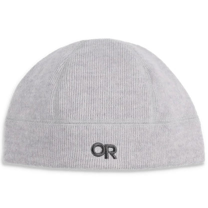 A front view of the Outdoor Research Flurry Beanie in Black with the OR logo on the front and a plain white background.