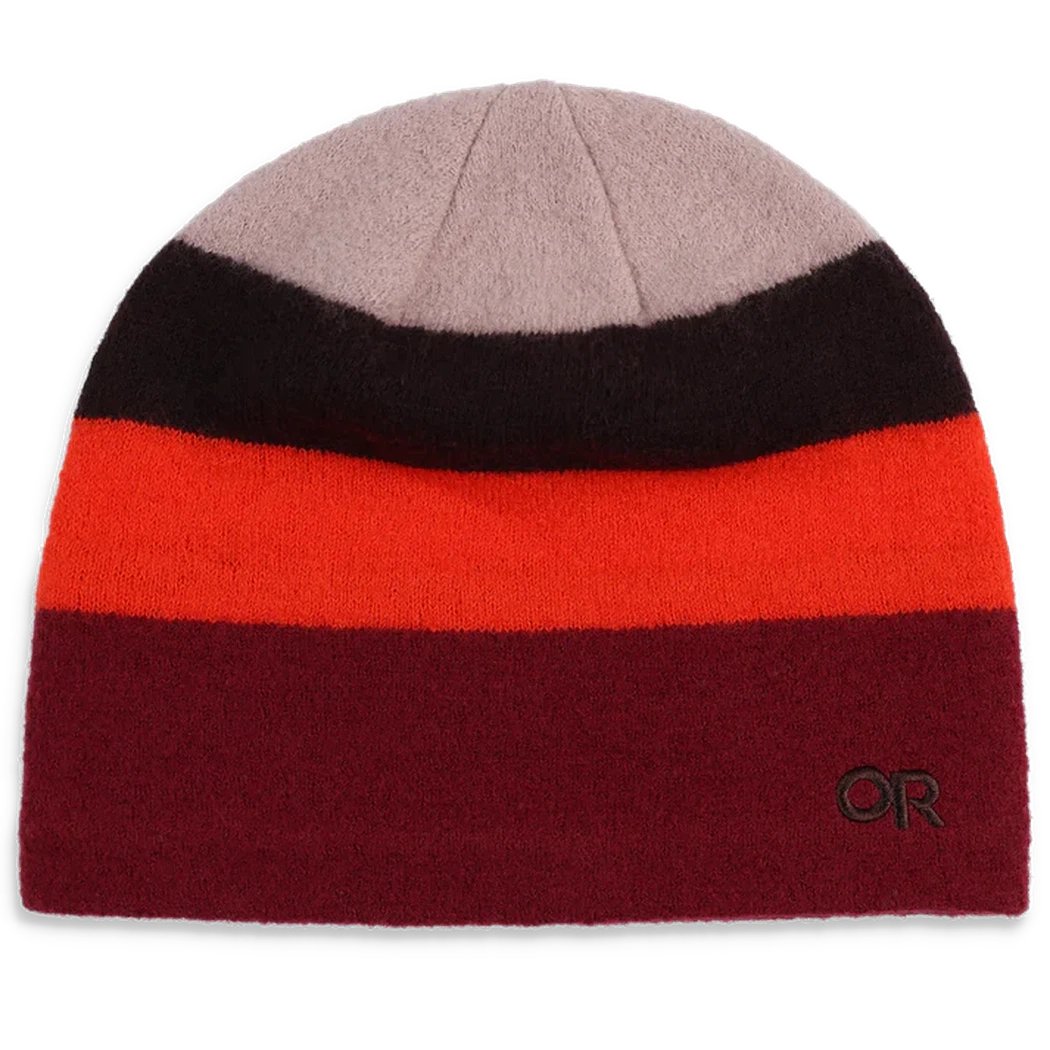 A top-down view of the Outdoor Research Gradient Beanie in Bronze with black, orange, and maroon stripes against a white background.