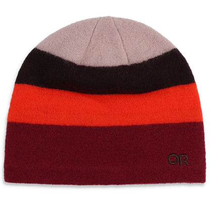 A top-down view of the Outdoor Research Gradient Beanie in Bronze with black, orange, and maroon stripes against a white background.